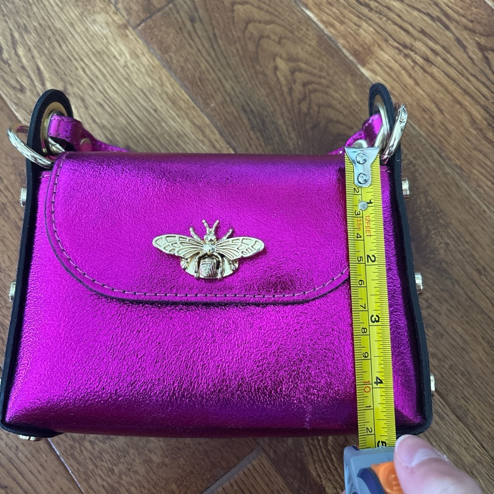 Metallic Fuchsia Leather Compact Bag with Studs and Bees - Picture 5 of 5